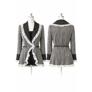 Alberto Makali Herringbone Lace Ruffle Cardigan Jacket L Coquette Dark Academia